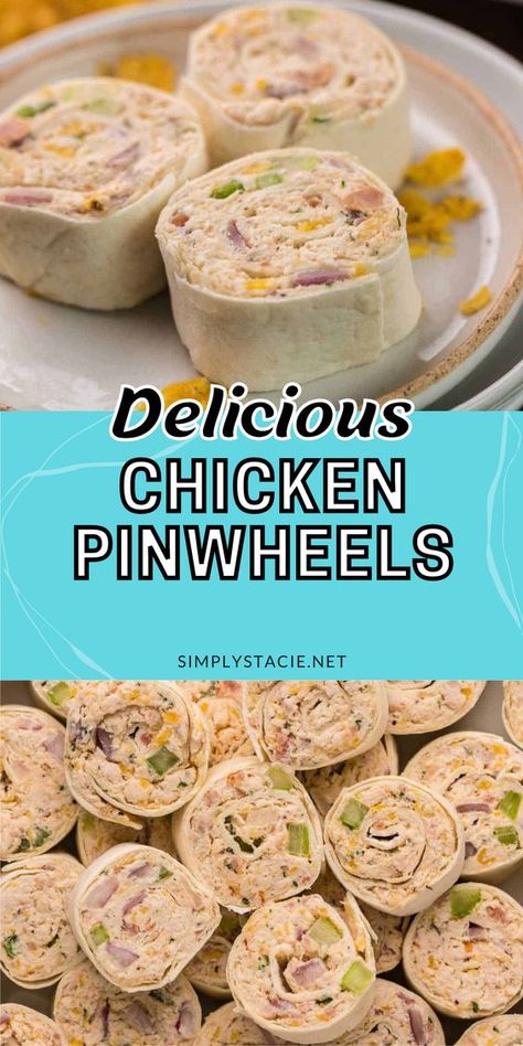 Chicken Pinwheels A quick and simple party snack that's a real crowd pleaser. Cream cheese, chicken and all the fixins' are wrapped into a flour tortilla to make delicious roll ups. Perfect as a game day starter or for lunch. Football Tailgate Food, Chicken Pinwheels, Tortilla Pinwheels, Cream Cheese Roll Up, Pinwheels Recipe, Chicken Roll Ups, Party Snacks Easy, Cream Cheese Rolls, Roll Ups Recipes