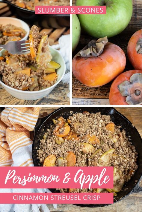 If you are a little skeptical about working with a new fruit, persimmons are for you. This Persimmon Apple Crisp, which features the forgiving fuyu variety paired with crisp, tart apples, is simple and tasty, especially topped with a fragrant cinnamon streusel. Follow this easy step-by-step recipe, for a simple winter fruit bake. #persimmons #applecrisp Persimmon Cobbler, Persimmon Crisp, Persimmon Crumble, Fruit Bake, Cinnamon Streusel Topping, Cinnamon Streusel, Winter Fruit, Baked Fruit, Fruit Filling