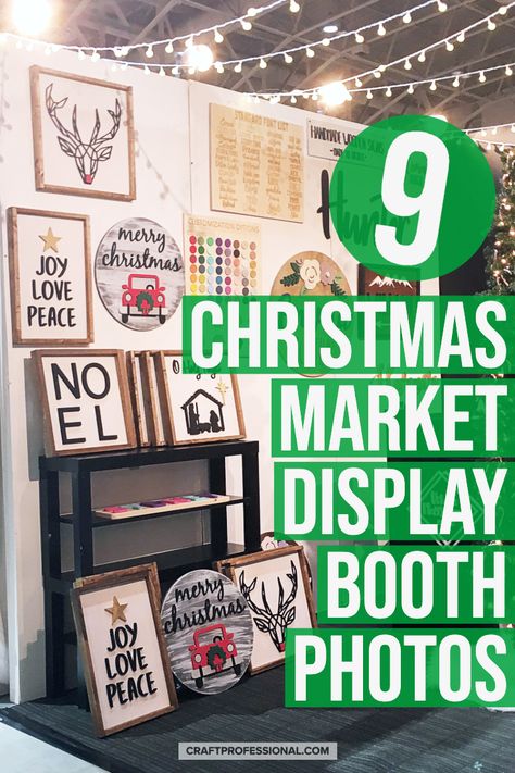 9 Christmas market display booth photos. Lots of Christmas craft show display ideas to get your booth ready for holiday bazaars. #holidaymarket #craftbusiness #craftprofessional Craft Booth Ideas Staging, Indoor Craft Booth Displays Christmas, Christmas Vendor Booth Display Ideas, Christmas Craft Show Display Ideas, Christmas Shop Display Ideas, Christmas Craft Display Booth, Christmas Market Set Up Ideas, Christmas Market Booth Ideas, Christmas Pop Up Shop Display Ideas