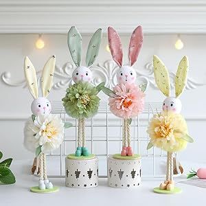 Easter Bunny Figurines, 4pcs 9.4inch Pastel Color Bunny Statue Holding Artificial Flowers for Easter Decoration Tabletop Ornaments Holiday Home Decor Spring Tea Party Baby Shower Supplies Bunny Figurines, Easter Bunny Figurines, Spring Tea Party, Bunny Statue, Plush Flower, Easter Plush, Easter Party Decor, Spring Tea, Baby Shower Supplies