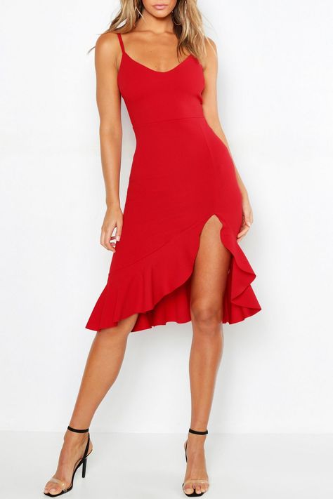 Strappy Frill Hem Midi Dress | Boohoo Red Salsa Dress, Salsa Outfit, Salsa Dress, Strappy Midi Dress, Skater Dresses, Bodycon Fashion, Red Midi Dress, Dresses Uk, Midi Dress Bodycon