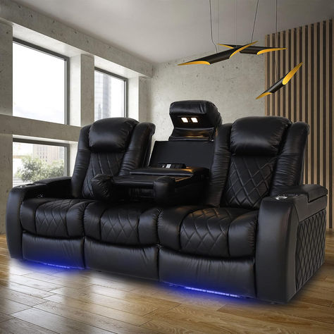 Valencia Tuscany Home Theater Seating | Premium Top Grain Italian Nappa 11000 Leather, Power Headrest, Power Lumbar Support, with Center Drop Down Console (Row of 3, Black) Gaming Couch, Luxurious Home Theater, Tuscany Home, Theater Recliners, Theater Seating, Home Theater Seating, Power Recliners, Lumbar Support, Home Theater