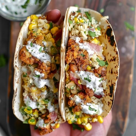 Delicious Fried Chicken Street Corn Tacos Recipe - My Home Made Recipe Corn Tacos Recipe, Chicken Street Corn, Street Corn Tacos, Recipe For Fried Chicken, Fried Chicken Taco, Corn Tacos, Corn Taco, Fried Chicken Tenders, Corn Chicken