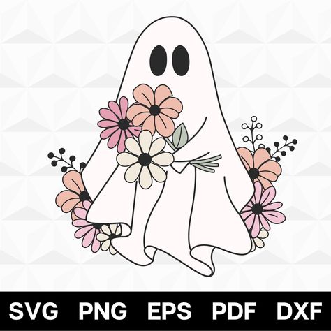 Ghost With Flowers Drawing, Ghost Floral Tattoo, Cute Ghost Design, Ghost Svg Free, Ghost With Flowers, Boho Ghost, Cute Halloween Svg, Flower Ghost, Floral Ghost