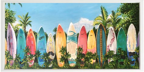 I fell in love with the surf fences we see on our trips to Maui and I was inspired to paint this 12"x 24" surf fence after our last trip. Original acrylic on canvas. #art #painting #surfboard #surffence #surf #surfer #hawaii #maui #aloha #commissionartist #artist #original #tropical Surfboard Painting On Canvas, Hawaii Canvas Painting, Paintings Of Hawaii, Hawaiian Beach Painting, Hawaii Oil Painting, Easy To Paint, Hawaii Maui, Trip To Maui, Canvas Easy