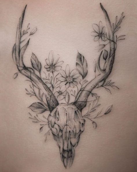 10+ Deer Skull With Flowers Tattoo Designs | PetPress Deer Skull With Flowers, Skull With Flowers Tattoo, Owl Skull Tattoos, Floral Skull Tattoos, Cat Skull Tattoo, Bird Skull Tattoo, Antler Tattoos, Candy Skull Tattoo, Indian Skull Tattoos