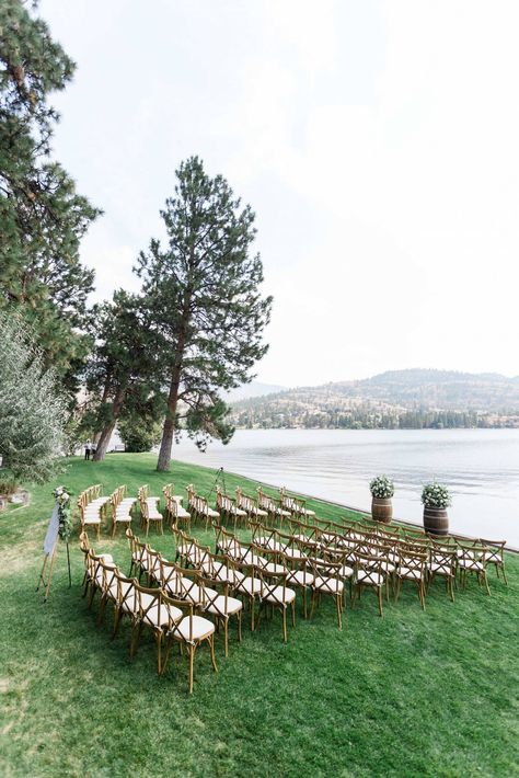 Wedding By The Lake Outdoor Ceremony, Outdoor Pond Wedding Ceremony, Lake View Wedding Ceremony, Outdoor Cottage Wedding, Sunset Mountain Wedding, Outside Lake Wedding Ideas, Western Lake Wedding, Outdoor Wedding Lake, Lakefront Wedding Reception