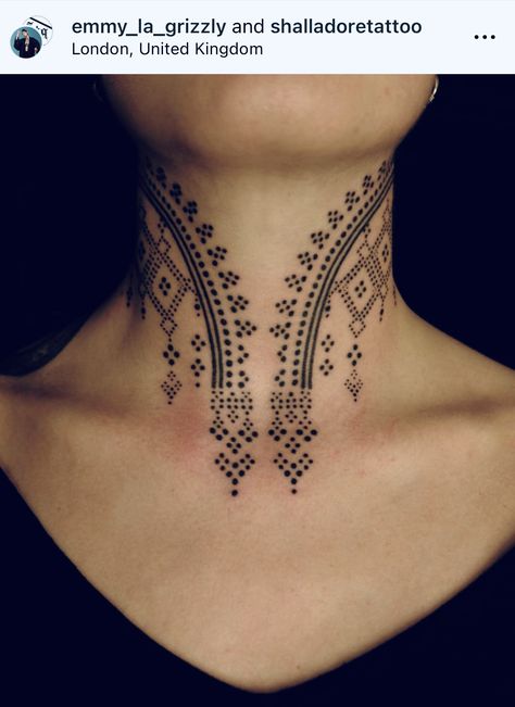 Dotwork Finger Tattoo, Soft Neck Tattoo, Ornamental Neck Tattoos Women, Henna Tattoo Designs Neck, Ornamental Face Tattoo, Chest And Neck Tattoo Female, Small Throat Tattoo, Chin Tattoo Woman, Neck Throat Tattoos Women