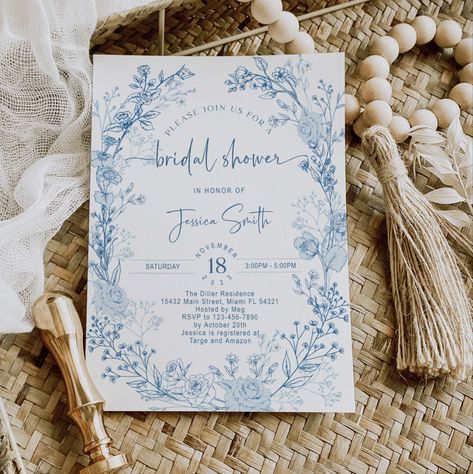 Bridal Shower European Theme, Toile Bridal Shower Ideas, Italian Bridal Shower Invitations, Chinoiserie Bridal Shower Ideas, French Blue Bridal Shower Ideas, Toile Baby Shower Theme, Toile Wedding Invitations, Toile Invitation, Chinoiserie Wedding Invitation