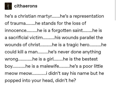 Tamika Fawcett, Sharon Alexie, Sacrificial Lamb, Walking Contradiction, The Gunslinger, Tragic Hero, One God, Chosen One, The Pope