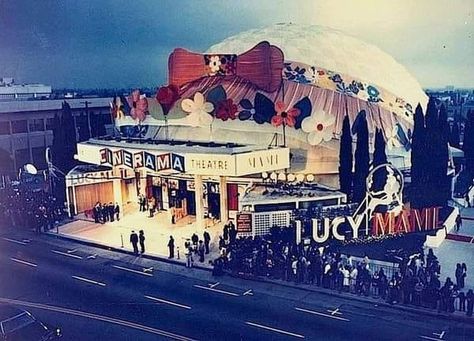 Color photo of the Cinerama Dome decorated for Easter for the premiere of “Mame,” Sunset Blvd, Los Angeles, April 1974 Sunset Blvd Los Angeles, Big Bomb, Garden Of Allah, Ca History, Sunset Blvd, Noir Movie, Easter Bonnet, The Golden Years, Lucille Ball