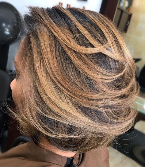 Voluminous Bob For Black Women Light Brown Natural Hair Black Women, Short Weave Hairstyles Sew Ins, Black Women Blonde Highlights, Highlights On Black Women, Light Brown Hair Black Women, Bob For Black Women, Voluminous Bob, Blonde Styles, Black Women Hair Color