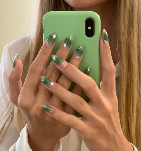 Trendy nails, green nails, stylish nails, glass nails, korean nails Korean Nail Art Green, Green Jelly Nails Korean, Green Clear Nails, Korean Green Nails, Dark Green Jelly Nails, Green Nails Korean, Jelly Green Nails, Green Korean Nails, Jelly Nail Ideas