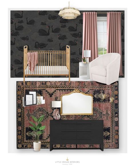 black-swan-nursery-e-design Black Pink Nursery, Black And Mauve Nursery, Black White Pink Nursery, Dark Mauve Nursery, Black Nursery Girl, Black And Pink Nursery, Pink And Black Nursery, Mauve Nursery, Moody Nursery