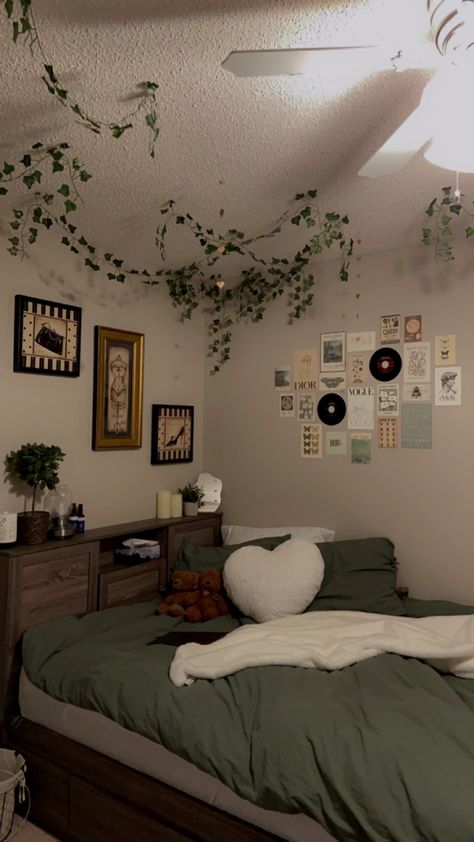 Greens And Browns Room, Simple Gray Room Ideas Bedroom, Green White Aesthetic Room, Sage And Brown Bedroom Aesthetic, Green Vintage Room Aesthetic, Hanging Vines In Bedroom, Pigora Foto Aesthetic, Grey And Green Room, Aesthetic Wall Colors Bedroom