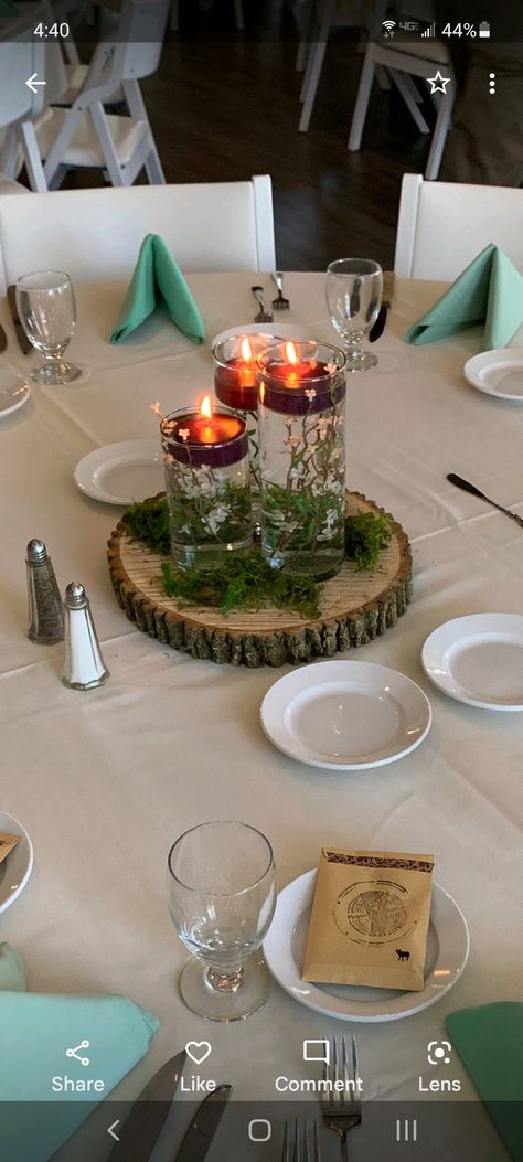 Moss On Table Decor, Rustic Forest Green Wedding, Forest Theme Centerpieces Woods, Fairycore Centerpiece, Tree Bark Centerpieces Wedding, Enchanted Garden Centerpieces Diy, Forest Table Centerpieces, Enchanted Forest Centerpieces Diy Fairy Lights, Hobbit Wedding Centerpieces