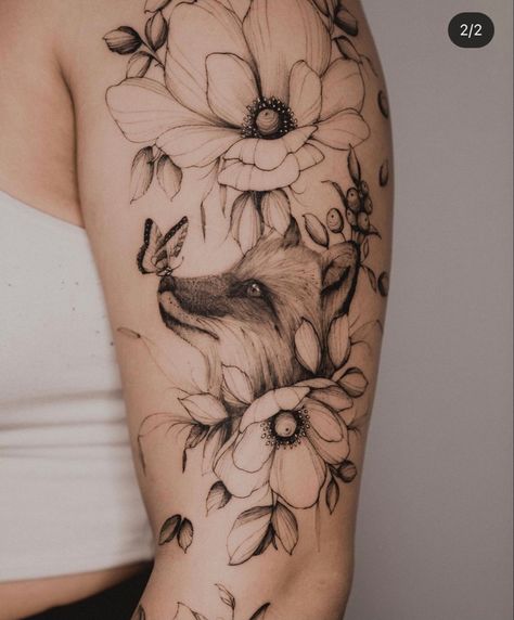 Fox And Flowers Tattoo Sleeve, Fox And Flower Tattoo Design, Fox Hip Tattoos Women, Fox Half Sleeve Tattoo, Flowers With Animals Tattoo, Animal Arm Sleeve Tattoos For Women, Wolf Tattoo Feminine, Fox Arm Tattoo Women, Fox Tattoo With Flowers