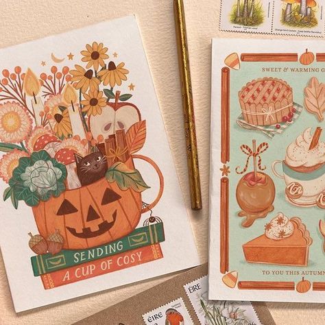 Rachel Corcoran Illustration on Instagram: "Nothing beats the coziness of Autumn with its golden sunshine, amber and ruby leaves, and mugs of warming spiced drinks and treats 🍂🧡

My new Autumn and Halloween cards have been released in my online shop! So excited to share these new designs with you all, I hope you like them 🧡
.
.
.
.
.
.
.
#irishdesign #irishgreetingcards #irishillustrator #illustratorsireland #irishillustration #irishcards #supportirishbusiness #supportirish #buyirish #shopirish #greetingcards #greetingcarddesign #greetingcardsofinstagram #greetingcarddesigner #illustrator #illustration #illustrationartists #wholesalestationery #madelocal #stationeryshop #autumnfood #autumnvibes #autumnaesthetic #autumnstyle #pumpkinseason #foodillustration #halloweencards" Rachel Corcoran, Wholesale Stationery, Autumn And Halloween, Spiced Drinks, Irish Design, Illustrator Illustration, Stationery Shop, Autumn Aesthetic, Illustration Artists