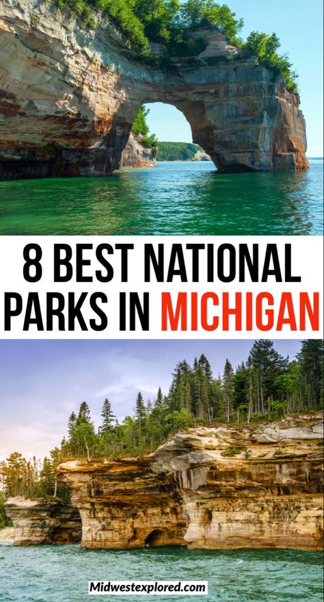 Rock formations at two national parks in Michigan with blue lake waters Michigan National Parks, American National Day, Michigan Travel Destinations, Michigan Camping, 2023 Vacation, Michigan State Parks, Beautiful National Parks, Exploring Wisconsin, National Parks America