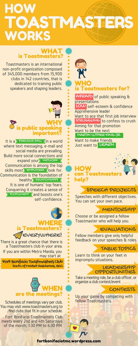 Ever heard of Toastmasters but not sure what it's about?   What? Who? Why? When? Where? How? Here's all you need to know about Toastmasters from the friendliest club - Fort Bonifacio Toastmasters Club Toastmasters Quotes, Toastmasters International, Toast Masters, Motivation Theory, Bonifacio Global City, Speaking Tips, Public Speaking Tips, Eye Exercises, Global City