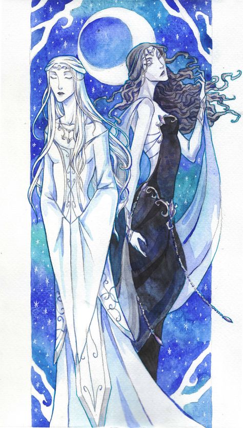 Selune and Shar by LadySiryna.deviantart.com on @DeviantArt Selune Dnd, Selune Cleric Aesthetic, Dnd Hobgoblin, Celestial Oc, Dark Sister, Twilight Cleric, Moon Elves, Dnd Cleric, Ball Outfits