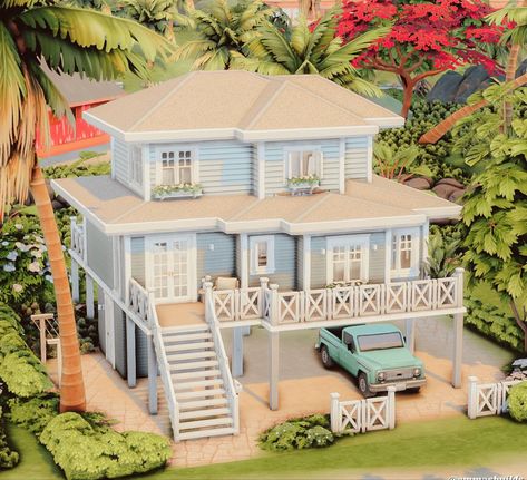 Sims Coastal House, Island Living Sims 4 House, Sims 4 Beach House, Beach House Layout, Casas The Sims Freeplay, Blue Beach House, Sims 4 Houses Layout, Architecture Blueprints, Sims 4 Kitchen