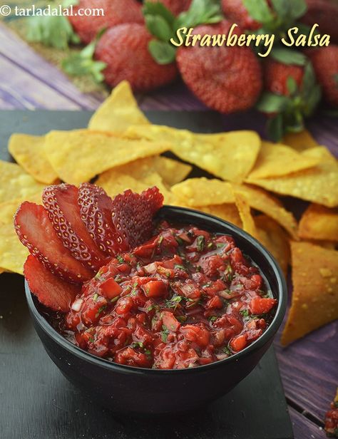 strawberry salsa recipe | Indian style strawberry salsa | strawberry salsa at home | Rich Soup Recipes, Beats Recipe, Masoor Dal Recipe, Strawberry Salsa Recipe, Pineapple Cucumber Salad, Grilled Zucchini Recipes, Pineapple Cucumber, Strawberry Salsa, Nacho Chips