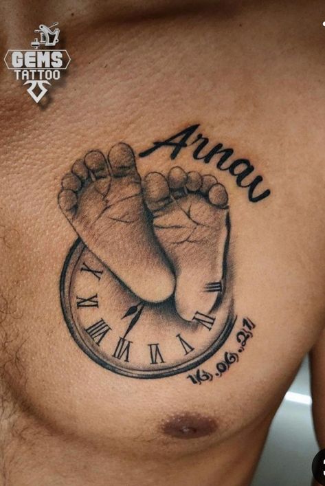 Tattoos For Your Childs Name, Tattoos For My Son Ideas Mom, Tattoo Of Childs Name, First Child Tattoos, Feet Tattoos For Men, Baby Feet Tattoo, Jacks Tattoo, Baby Hand Tattoo, Baby Tattoo For Dads