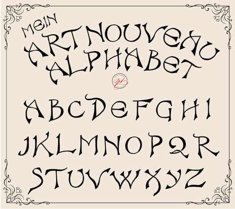 Jugendstil Schrift - Art nouveau script for download Spooky Fonts Alphabet Halloween, Art Nouveau Lettering, Reference For Art, Witch Font, Design Handwriting, Halloween Typography, Spooky Font, Fonts Handwriting Alphabet, Art Deco Font