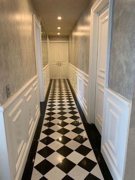 Black Floor Hallway, Black And White Floor Tiles Hallway, Complete House Renovation, Long Narrow Hallway, Hallway Tiles Floor, Checkered Floor, Hall Flooring, Tiled Hallway, White Hall