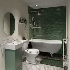 Shower bath suites | VictoriaPlum.com Bath And Shower Ideas, Freestanding Shower Bath, Edwardian Bathroom, Small Bathroom Tile Ideas, Freestanding Bath With Shower, Toilet And Basin Unit, British Bathroom, Small Bathroom Tiles, Green Vanity