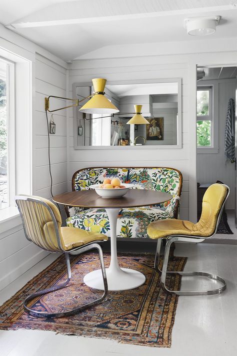 Blend Old and New goodhousemag North Carolina Cottage, Cottage Tour, Brunch Vibes, Breakfast Nook Ideas, Built In Banquette, White Shiplap Wall, Cozy Breakfast Nook, Nook Ideas, White Shiplap