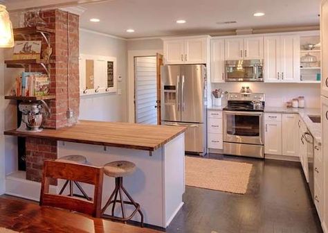 Wood Wall Design Ideas, Faux Brick Panels, Wall Design Ideas, Kitchen Peninsula, Wood Wall Design, Rustic Wood Wall, Brick Chimney, Brick Paneling, Brick Kitchen