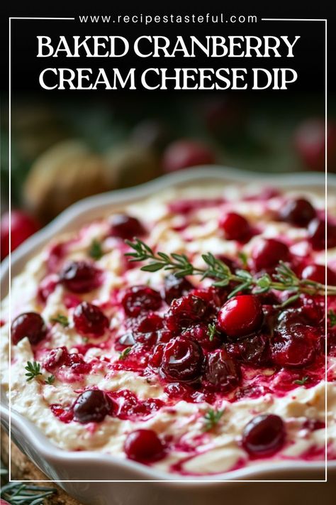 This Baked Cranberry Cream Cheese Dip is a creamy, savory, and sweet appetizer that's perfect for the holiday season. With a blend of mozzarella, cheddar, and cream cheese, topped with sugared cranberries and fresh parsley, it's sure to be the star of your festive gatherings. Cranberry Cream Cheese Dip, Cream Cheese Spread Recipes, Cranberry Dip, Cream Cheese Recipes Dip, Sweet Appetizer, Cheese Dip Recipe, Cream Cheese Dip, Cranberry Cream Cheese, Sugared Cranberries