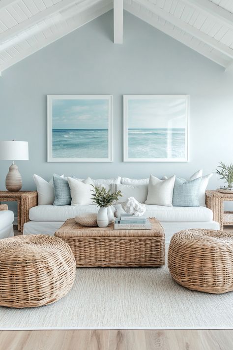 ♥ Dreaming of a coastal living room escape? 🌊✨ Step into this cozy California coastal living room, featuring neutral tones and modern decor. Find inspiration for your own elegant, contemporary, or boho coastal oasis. 🏖️🌿 #coastallivingroom #livingroomdecor #californiacoastal #moderncoastal Florida Sunroom Decorating Ideas, Beach House Neutral Decor, Living Rooms With Light Blue Walls, Living Room Decor Beach Coastal Style, Classy Beach Decor Coastal Style, Light Coastal Living Room, Coastal Movie Room, Coastal Living Room Apartment, Coastal Elegance Living Room