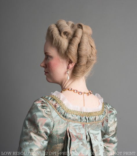 Sculpted curls, rolls, and braids make this gorgeous early 1770s hairstyle - learn how to do this style step by step in "The American Duchess Guide to 18th Century Beauty" out July 9th 1770s Hairstyles, Rococo Hairstyles, 18th Century Hairstyles, 18th Century Hair, Historical Hairstyles, American Duchess, Makeup And Accessories, Old Hairstyles, 18th Century Clothing