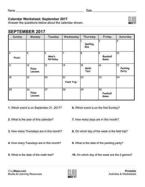 This worksheet features a calendar with events posted on different dates. Following that are questions about the calendar, dates, weekdays and events listed… Business Math, Kindergarten Calendar, Calendar Skills, Preschool Calendar, Calendar Worksheets, Calendar Math, Sped Classroom, Calendar Time, Kindergarten Worksheets Printable