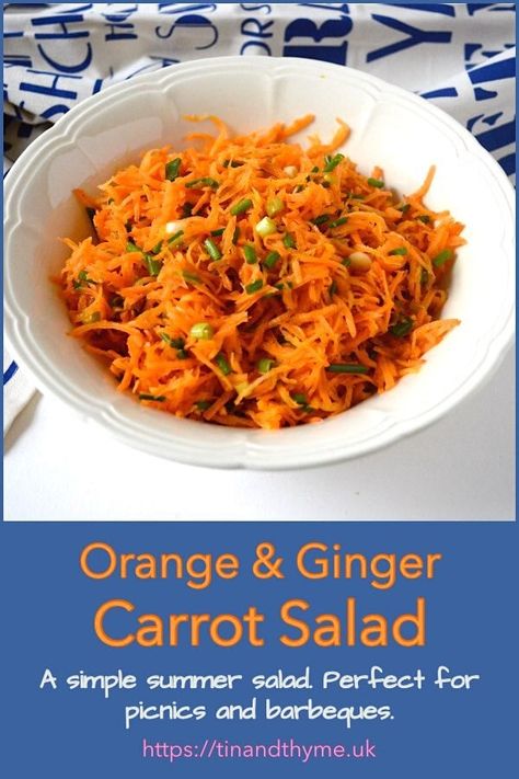 Simple Orange & Ginger Carrot Salad. This zingy and flavoursome salad is best made in advance so the carrots can absorb the flavours. This makes it perfect picnic and party fare. #TinandThyme #SummerSalad #PicnicRecipe #BarbequeRecipe #CarrotSalad #SummerRecipe #VeganRecipe Russian Korean Carrot Salad, Korean Carrot Salad Recipe, Vinegar Carrots, Korean Carrot Salad, Korean Carrot, Garlic Vinegar, Grated Carrot Salad, Indian Salads, Carrot Salad Recipes