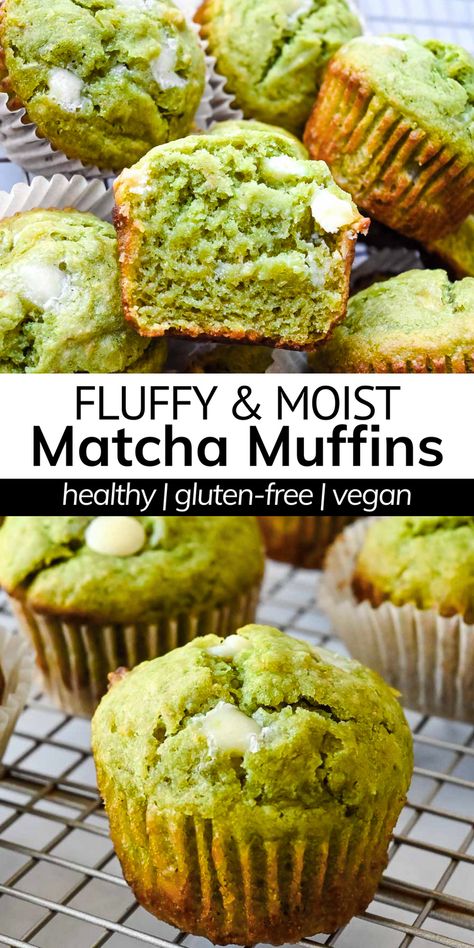 These matcha muffins take all of your favorite green tea flavors and marry them up in a deliciously easy and healthy muffin recipe! It doesn't have to be St. Patrick's Day to enjoy this naturally green food! Perfect easy breakfast that is gluten-free, vegan, less than 200 calories per muffin, and baked in only 30 minutes! Gluten Free Matcha Muffins, Vegan Matcha Dessert Recipes, Healthy Matcha Muffins, Matcha Blueberry Muffins, Banana Matcha Muffins, Matcha Muffins Recipes, Matcha Breakfast Recipes, Matcha Healthy Recipe, Green Muffins Healthy