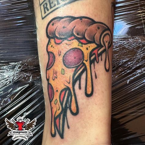 New School Pizza Tattoo, Pizza Skull Tattoo, Slice Of Pizza Tattoo, Pizza Flash Tattoo, Traditional Pizza Tattoo, Traditional Food Tattoo, Pizza Tattoo Design, Pizza Slice Tattoo, Food Tattoo