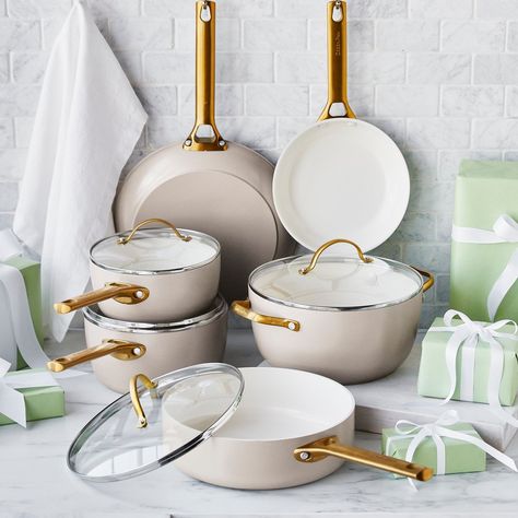 Reserve Ceramic Nonstick 10-Piece Cookware Set | Cream with Gold-Tone | © GreenPan Official Store French Inspired Kitchen, Cooking Ware, Nonstick Pans, Ceramic Nonstick Cookware, Gadgets Kitchen Cooking, Silicon Utensils, Kitchen Upgrades, Kitchen Shop, Nonstick Cookware