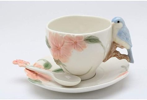 Apple Blossom Flower, Ceramic Tea Cups, Unique Tea Cups, Bird Cup, Glass Wear, Butterfly Tea, Moodboard Ideas, Teacup Set, Mom Friend