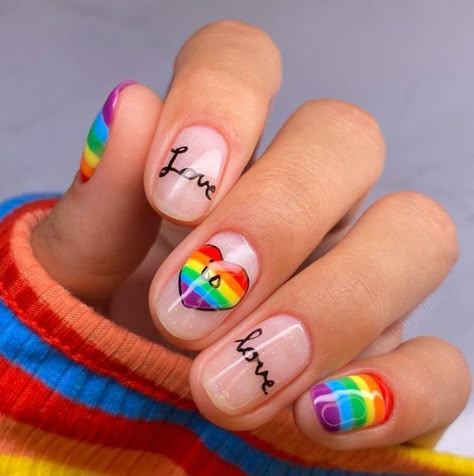 Almond Shape Nail Designs, Rainbow Nail Art Designs, Short Nail Design, Almond Shaped Nails Designs, Pride Nails, Flag Nails, Rainbow Nails Design, Rainbow Nail Art, Rainbow Nail