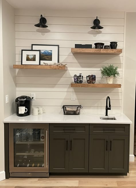 Wet Bar With Shiplap, Shiplap Wet Bar Ideas, Small Wet Bar With Floating Shelves, Modern Farmhouse Kitchenette, Kitchenette With Open Shelving, Shiplap Wall Coffee Bar, Basement Snack Bar Ideas Beverage Center, Basement Mini Kitchen Ideas, Apartment Kitchenette Small Spaces