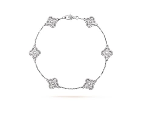 Van Cleef & Arpels - Sweet Alhambra bracelet, 6 motifs 18K white gold, Diamond $11,000 Silver Van Cleef, Sweet Alhambra Bracelet, Alhambra Bracelet, Alhambra Pendant, Virtual Outfits, Gold Vans, Jewelry Photography Styling, Wishlist 2024, Money Aesthetic