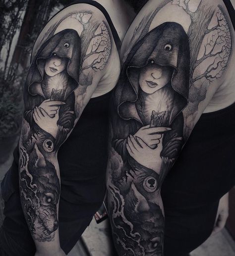 Red riding hood sleeve in progress. Thank you Fabian. @rookletink #h2oceanproteam #kwadron Hooded Woman Tattoo, Full Tattoo, Creepy Tattoos, Viking Runes, Blackwork Tattoo, Red Riding Hood, Tattoo Style, Back Tattoo, Beautiful Tattoos