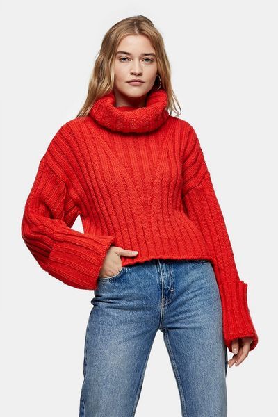 Orange Red Turnback Cuff Knitted Sweater as part of an outfit Polar Neck Outfit, Long Cardigans, Chunky Jumper, Sweatshirts For Women, Roll Neck Sweater, Extra Long Sleeves, Chunky Knitwear, Ribbed Turtleneck, Warm Sweaters