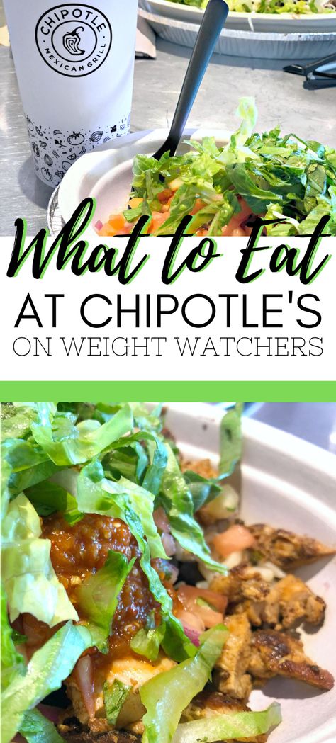 A burrito bowl from Chipotles is pictured, a banner in between reads, "What to Eat at Chipotle's on Weight Watchers" and below is a picture of all the Chipotle's ingredients. Chipotle Low Calorie Options, Weight Watchers Blue Plan, Chipotle Veggie Bowl, Chipotle Menu, Chipotle Order, Low Points Weight Watchers, Burrito Recipe Chicken, Chipotle Bowl, Stomach Fat Burning Foods