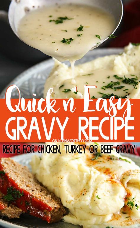 This Easy Gravy Recipe can be made in chicken, turkey or beef flavors making this THE PERFECT gravy for holiday side dishes & weeknight dinners alike. #gravy #holiday #sidedish #christmas #thanksgiving #easter #dinner #easygravyrecipe #turkeygravy #chickengravy #beefgravy #weeknightdinners Quick Gravy Recipe, Basic Gravy Recipe, Gravy For Rice, Best Gravy Recipe, Homemade Gravy Recipe, Easy Gravy Recipe, Chicken Gravy Recipe, Twice Baked Sweet Potatoes, Classic Meatloaf Recipe