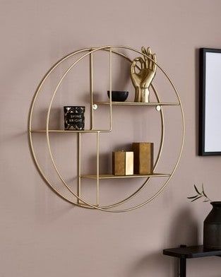 Round Wall Shelves, Round Shelf, Gold Rooms, Gold Living Room, Gold Bedroom, Iron Shelf, Hallway Ideas Entrance Narrow, Gold Walls, Room Accessories